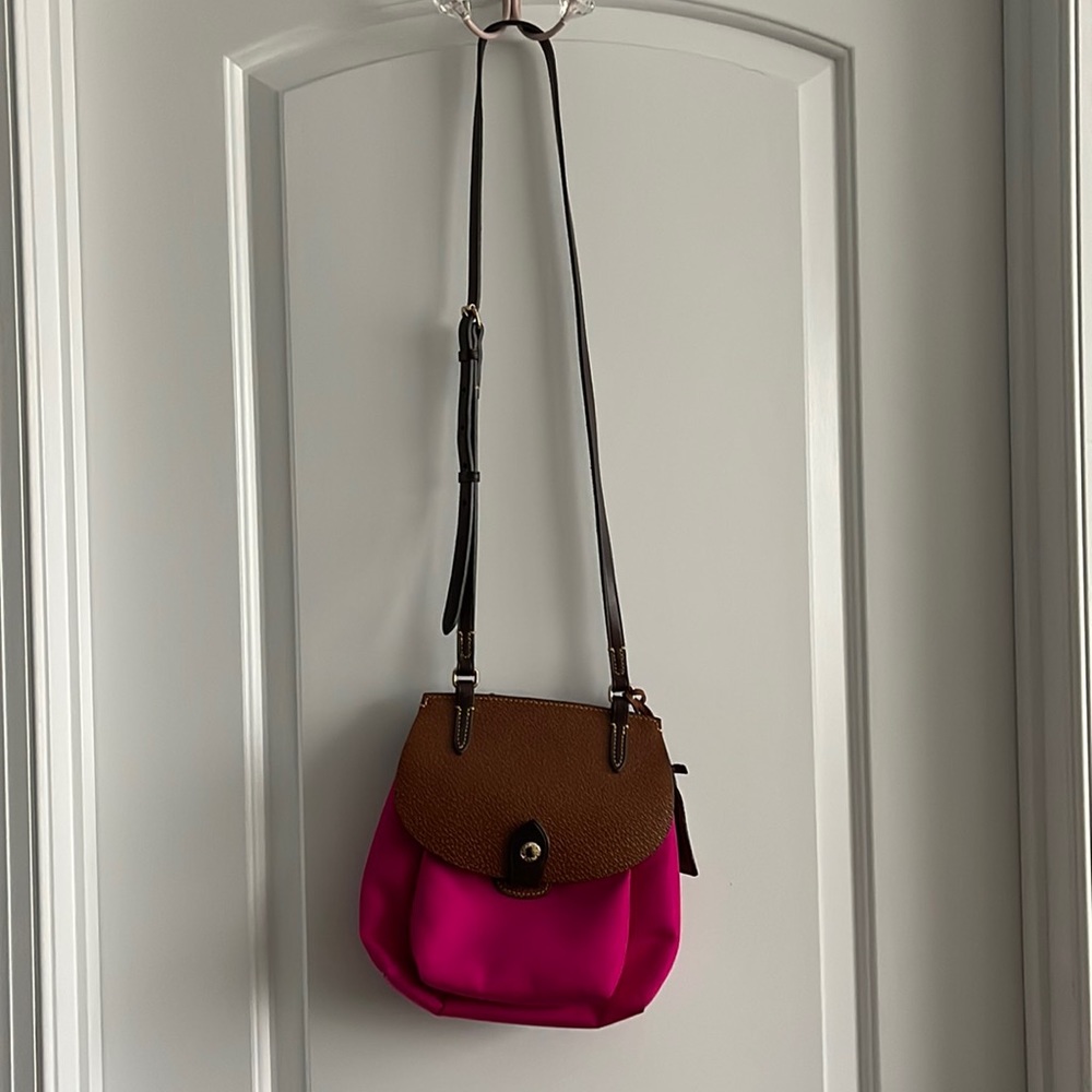Dooney & Bourke hot pink nylon & brown leather crossbody